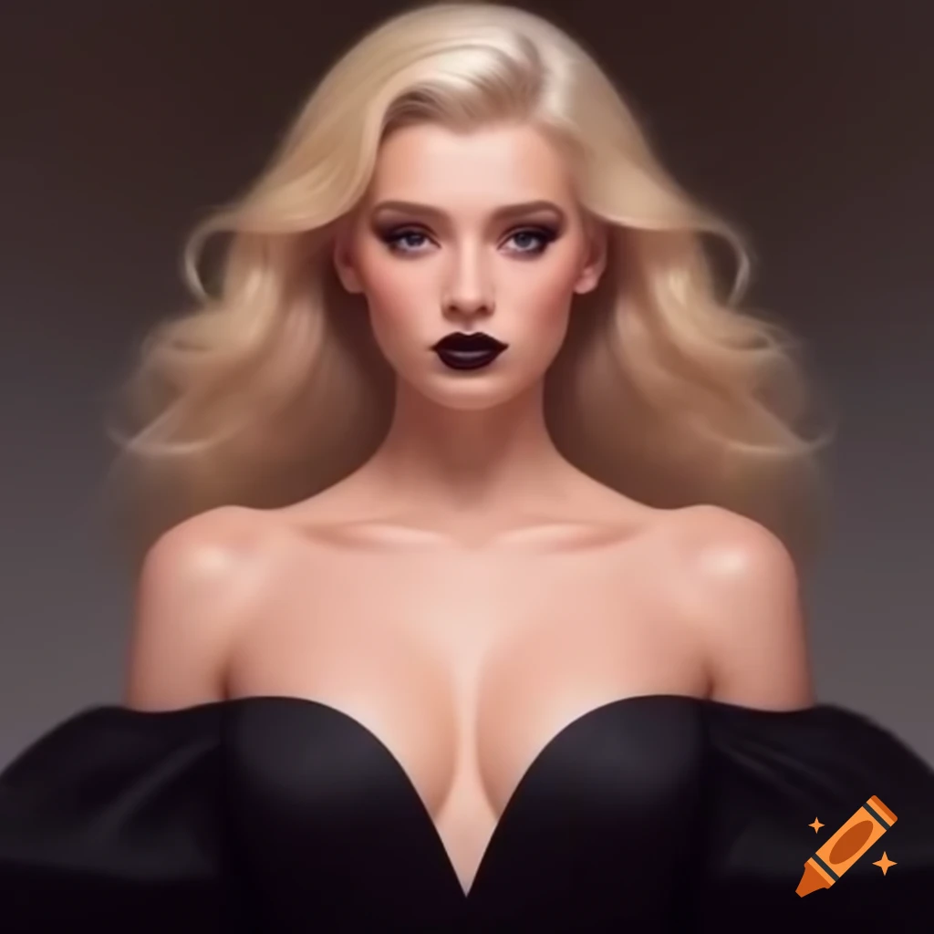 Woman with light blonde wavy hair in off-the-shoulder black dress and bold makeup