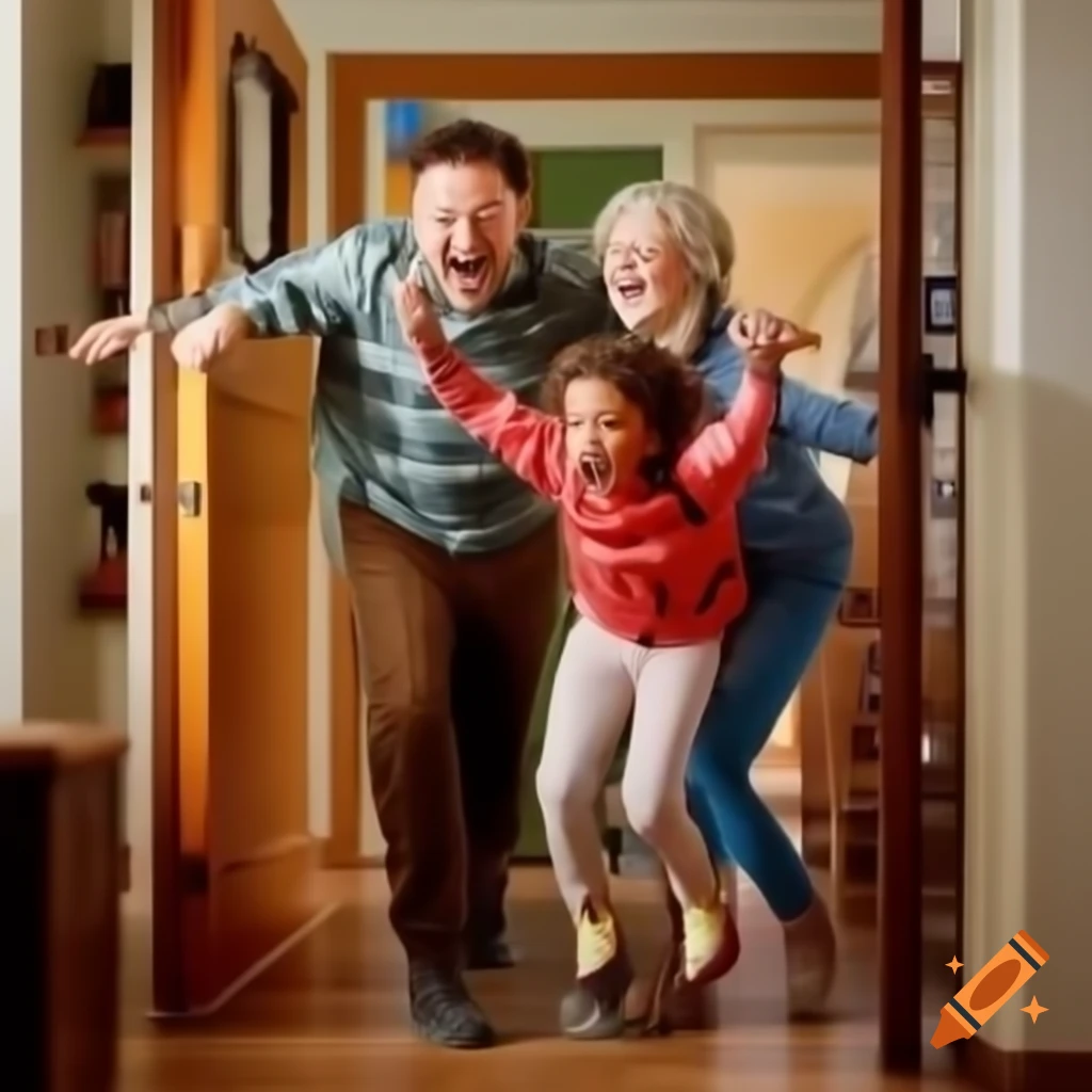Family laughter in cozy home with dad making jokes