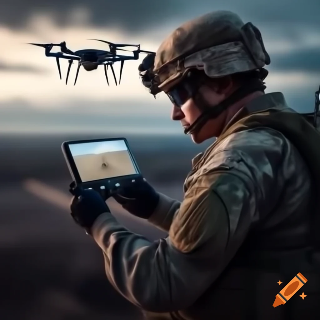 Soldier operating a drone with a controller