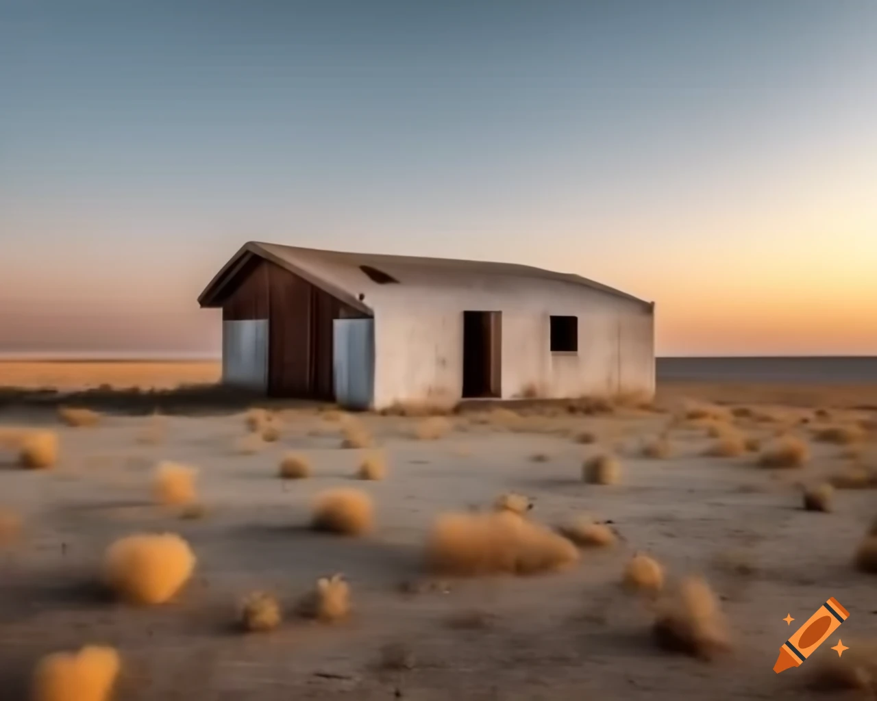 Flat-roofed middle-eastern cabin in dry landscape with sparse vegetation