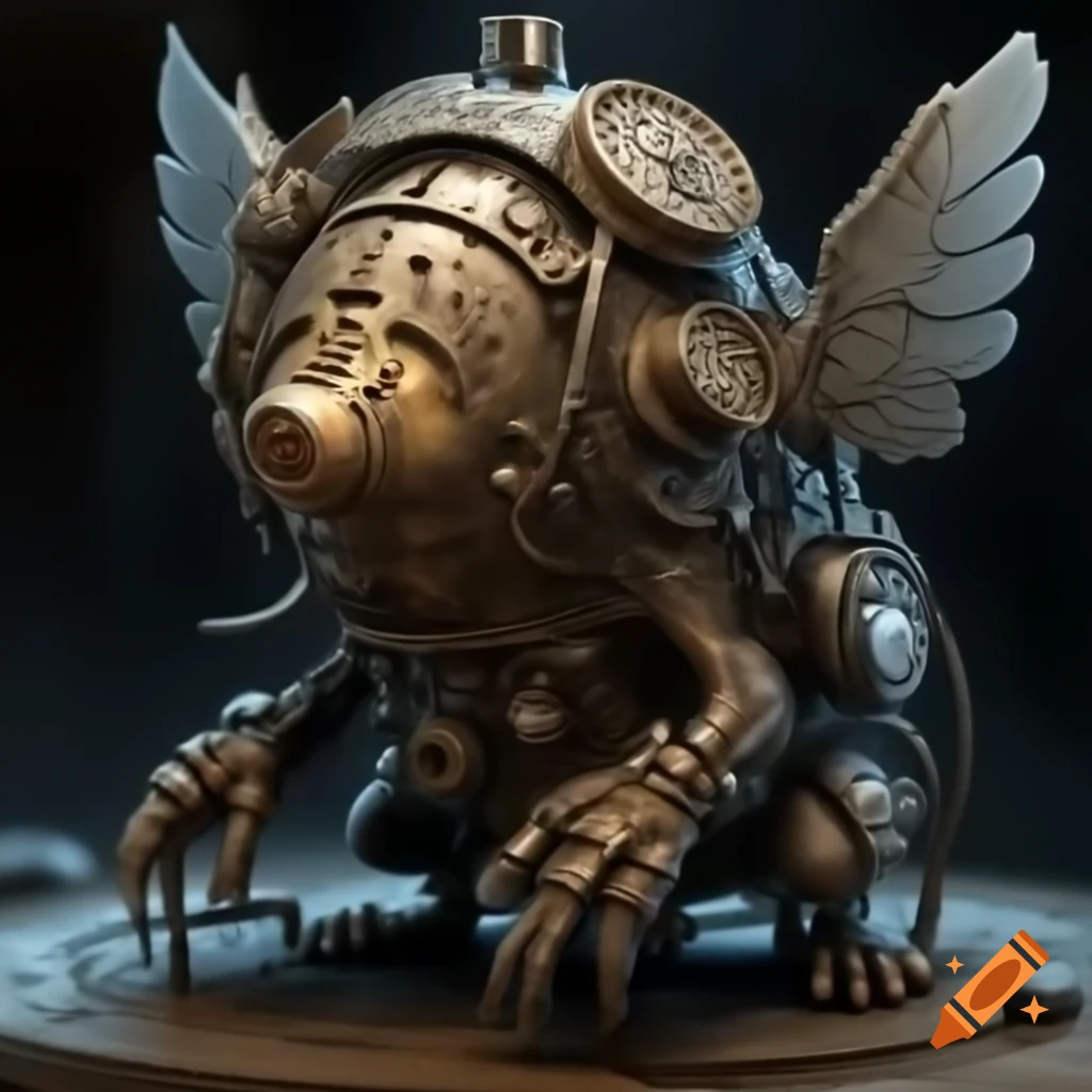 Steampunk metal mole creature with clockwork wings and gears