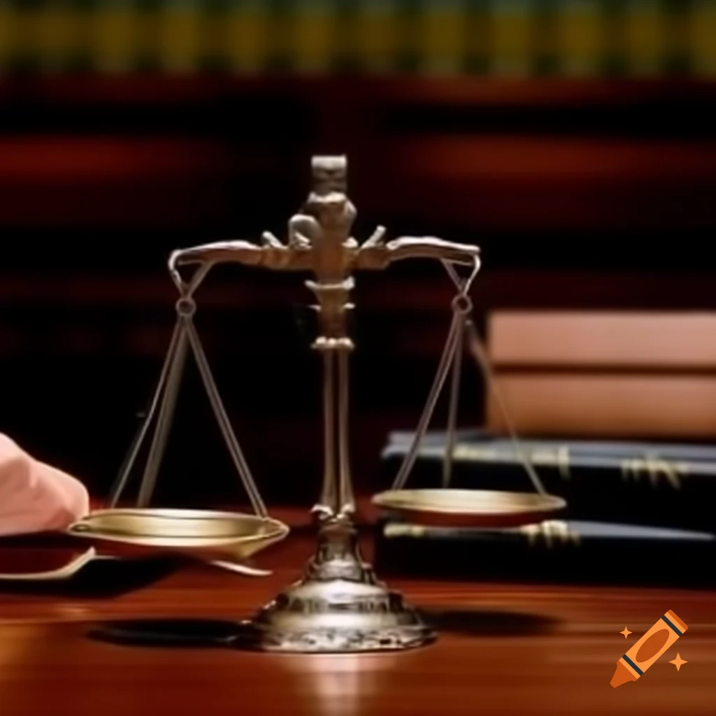Scales of justice with a judge in the background