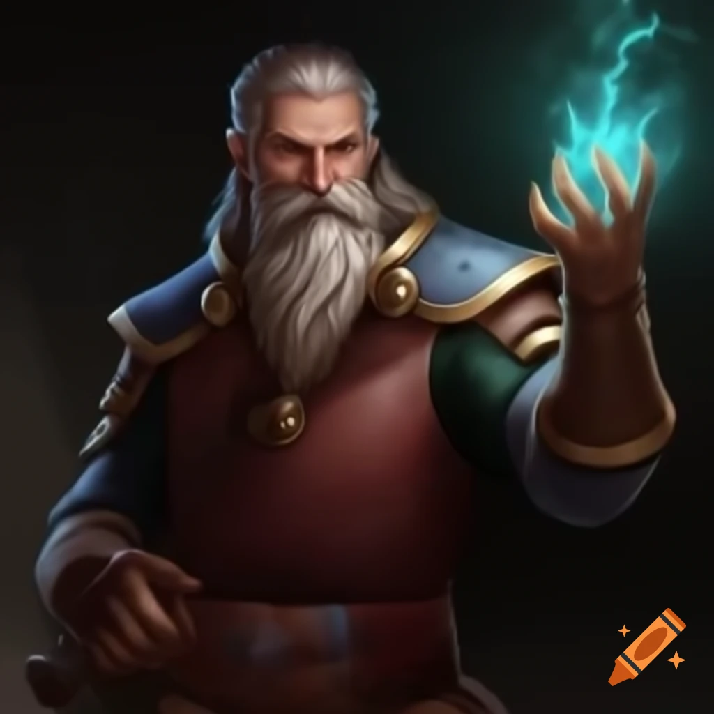 Middle-aged human cleric casting a spell in DnD setting