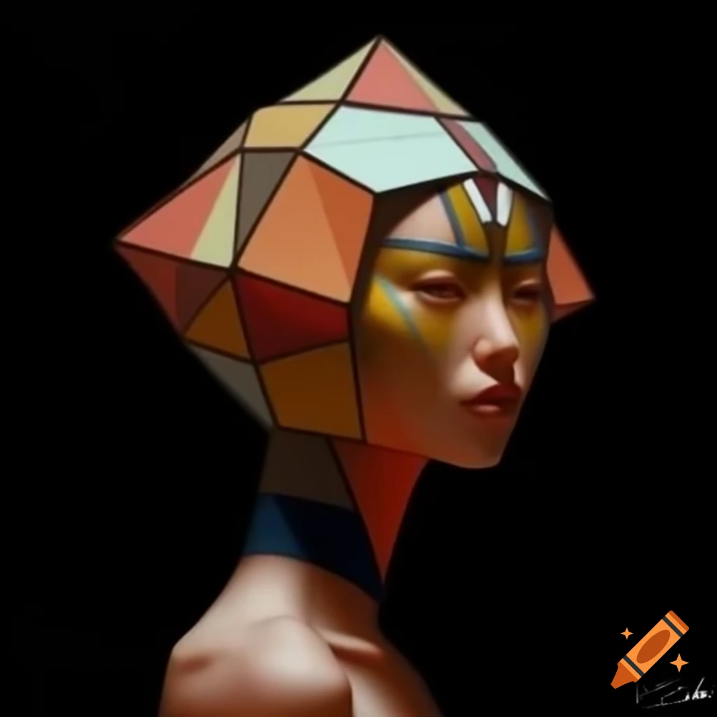 Surreal human with geometric head and smooth forms against simple colors