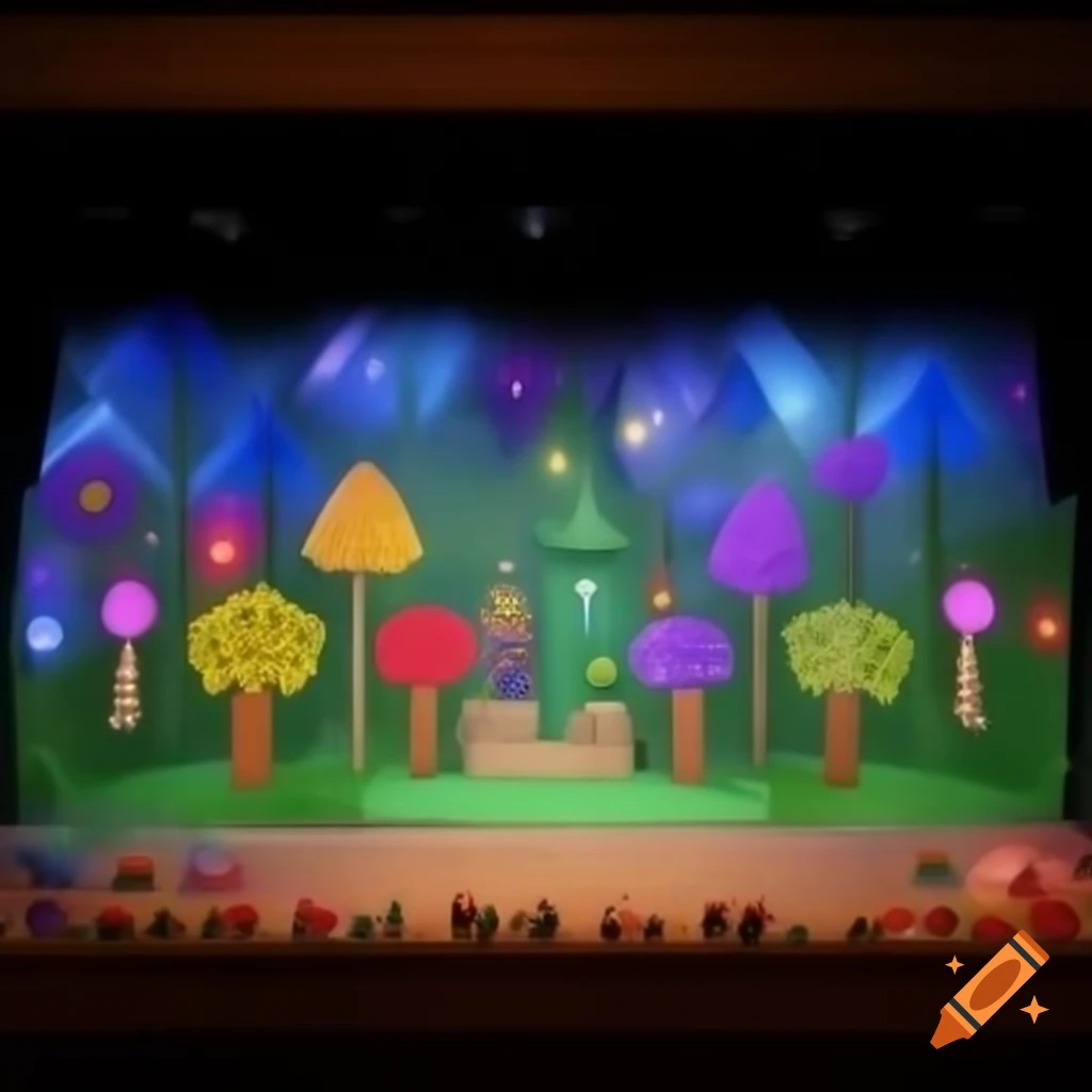 Colorful stage design featuring magical forest for kids play with trees, flowers, and cardboard castle