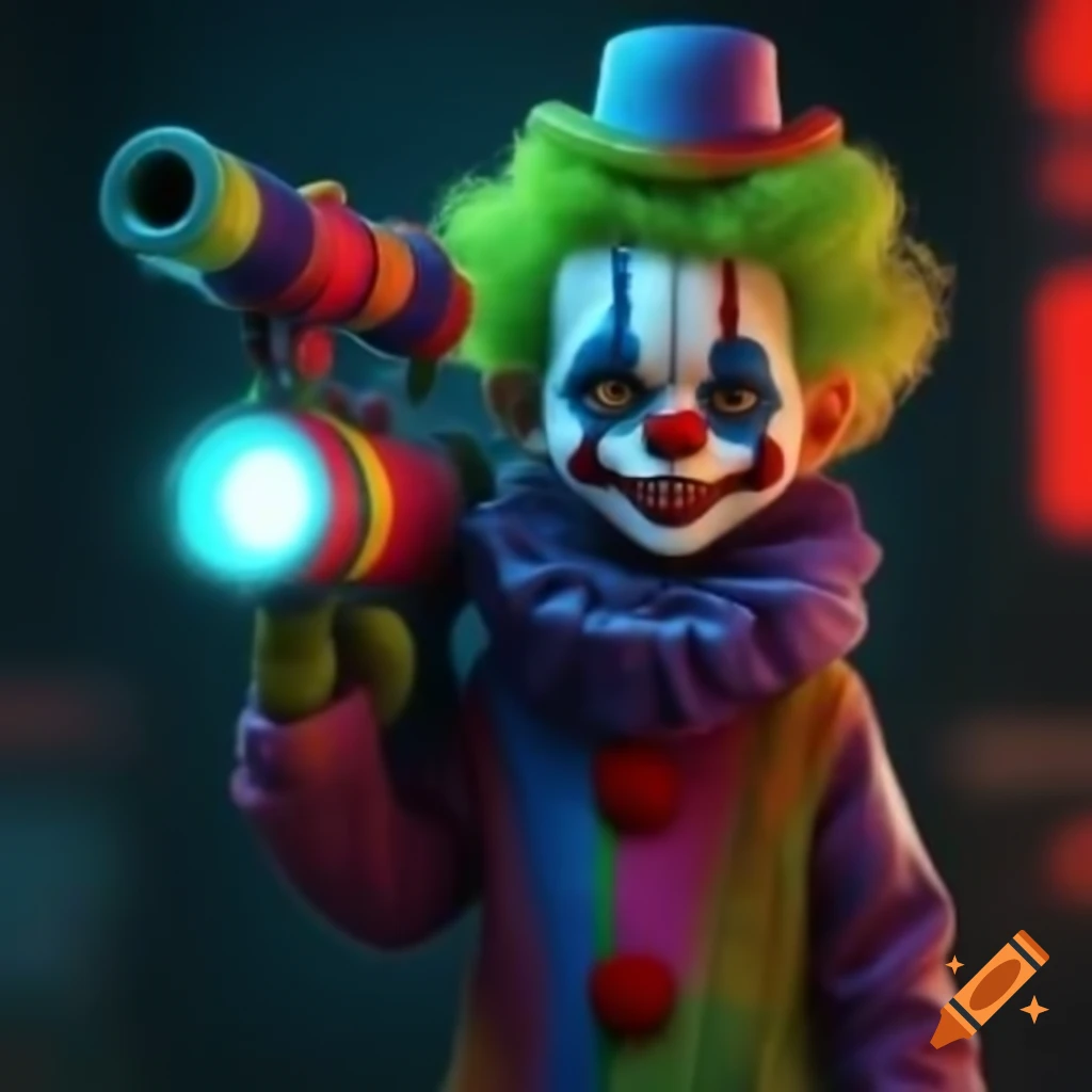Cyberpunk clown character wielding a colorful bazooka on craiyon