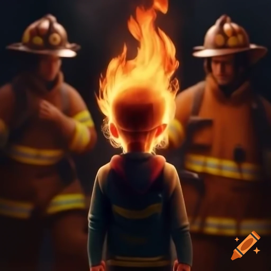 Child with flame head arguing with elderly firefighter