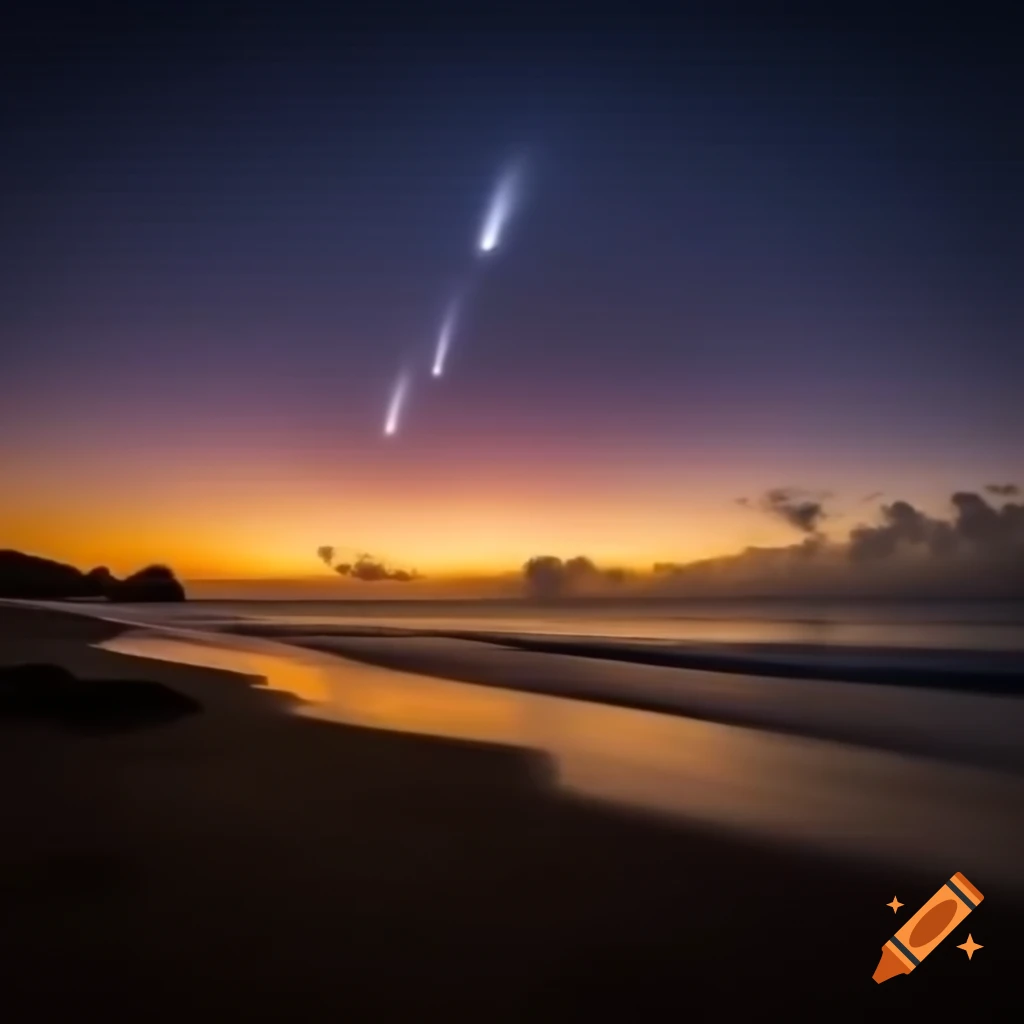 Beach and sunset with tsunami waves and meteor, apocalyptic scene