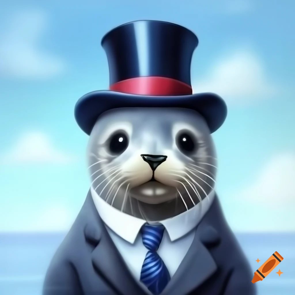 Cute seal wearing suit and top hat in drawing