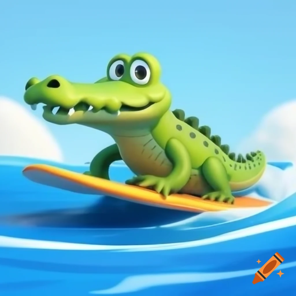 Cartoon crocodile surfing on blue water on craiyon