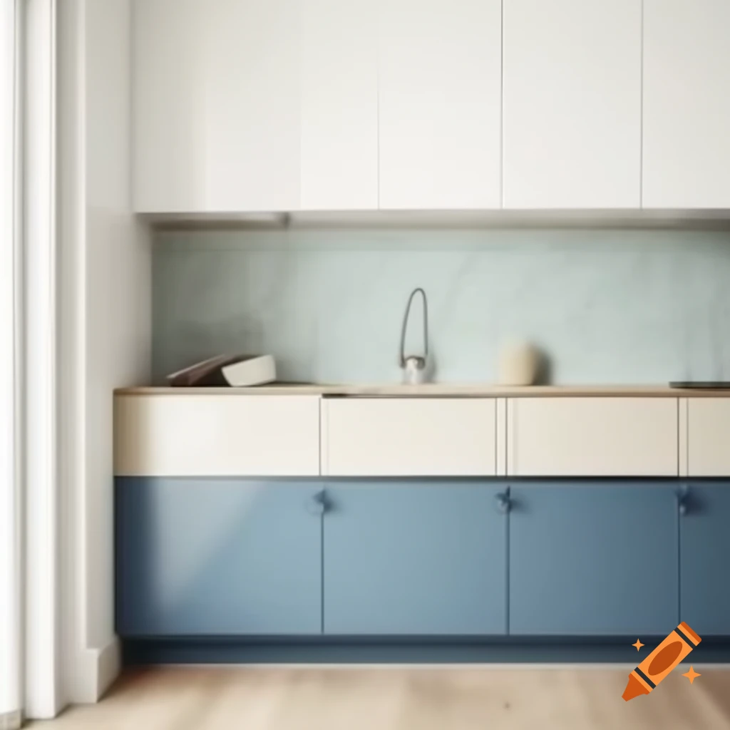 Modern kitchen with two-tone blue and cream design, griege zellige tile backsplash, and medium wood floors