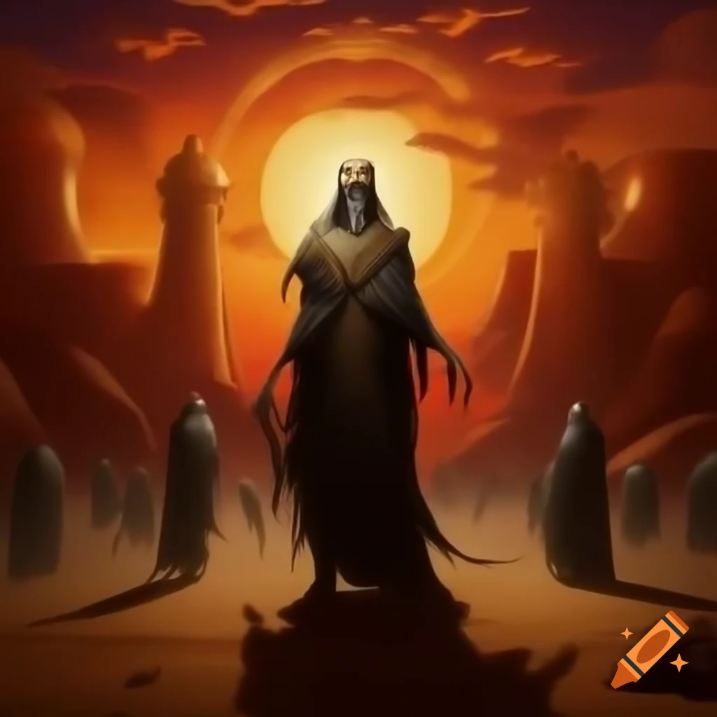 Skeletal figure in tattered robes at desert palace entrance with golden domes at dusk