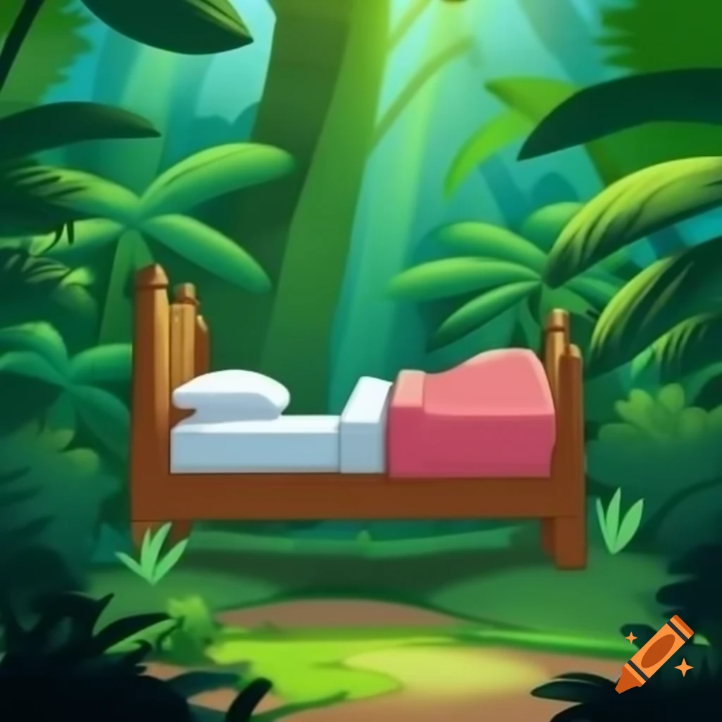 Cartoon bed placed in a vibrant jungle setting