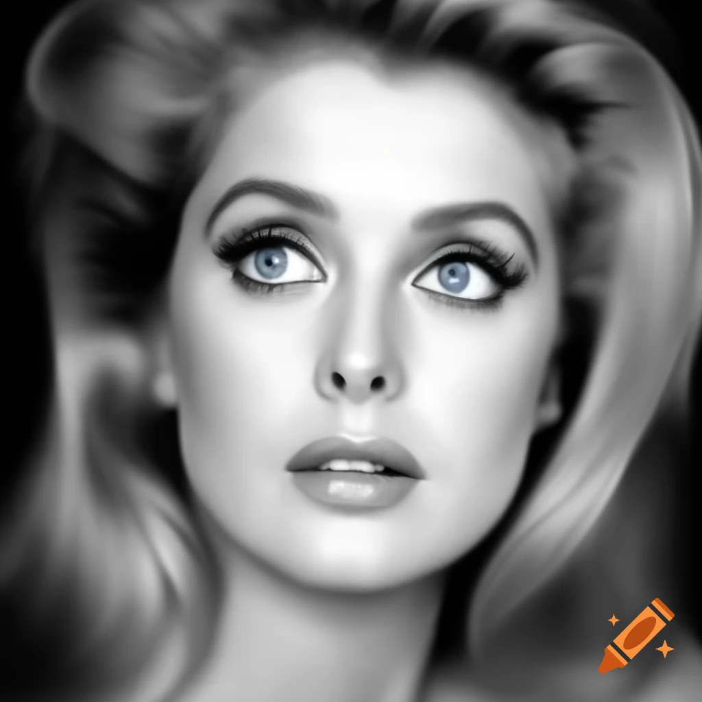 Hyper-realistic black and white photograph of a beautiful European Hollywood actress from 1963