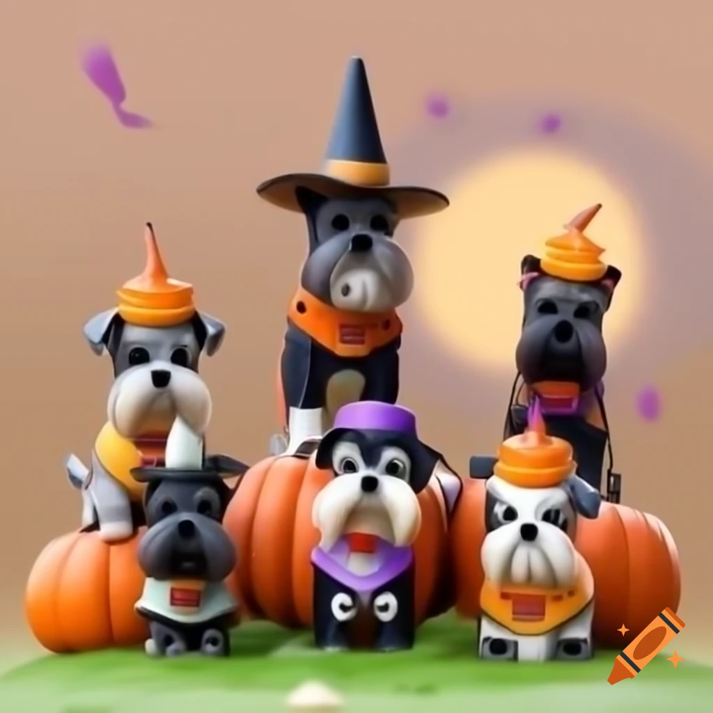 Miniature schnauzer dog in Halloween costumes including pumpkin, witch, vampire, and superhero