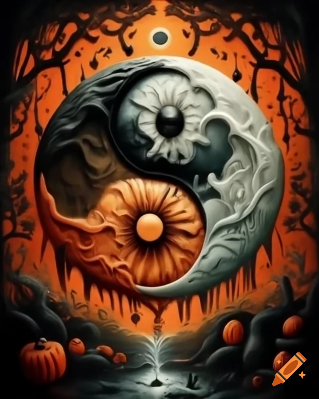 Surreal fantasy illustration in Halloween theme featuring Yin and Yang
