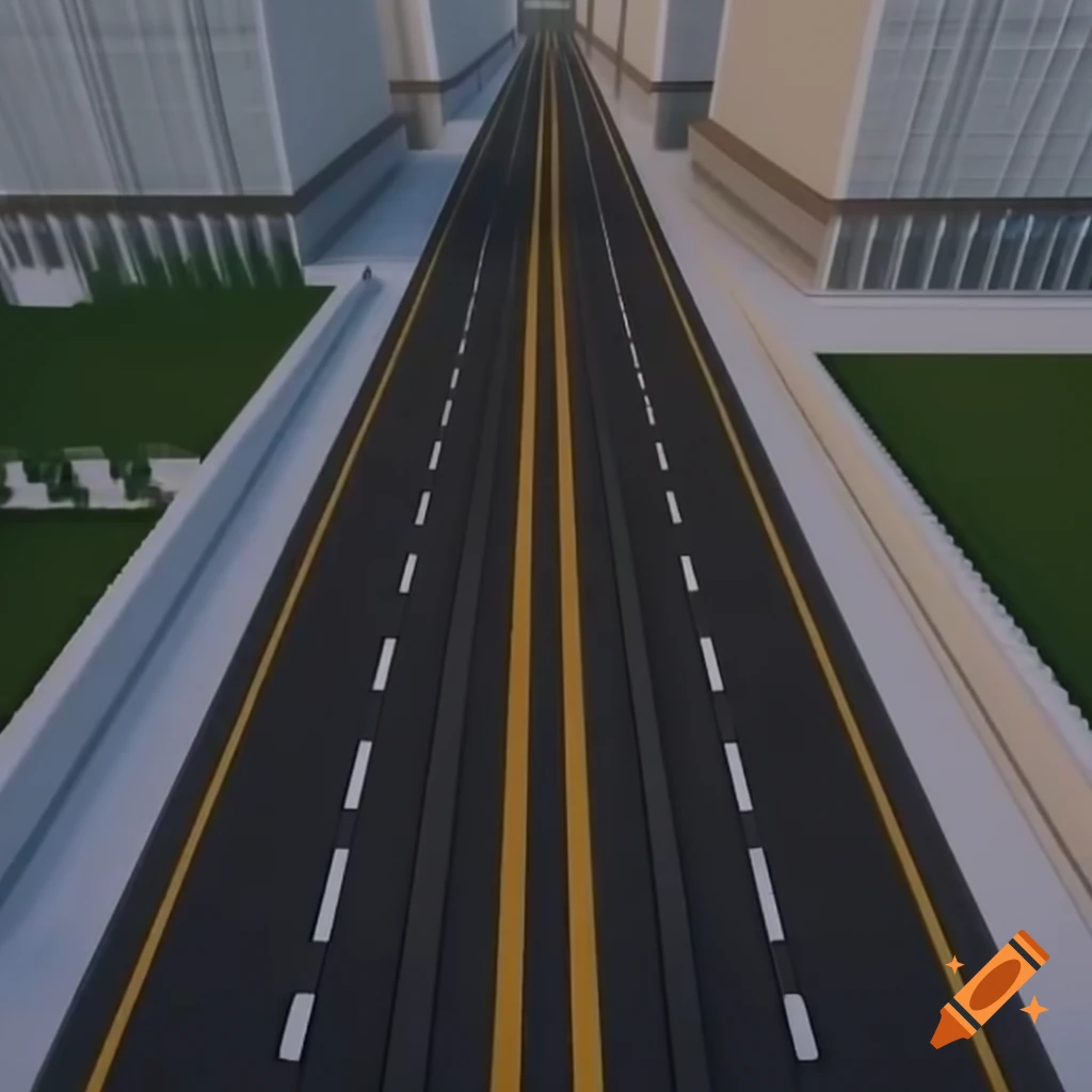 Detailed 3D urban scene featuring wide road and tall buildings