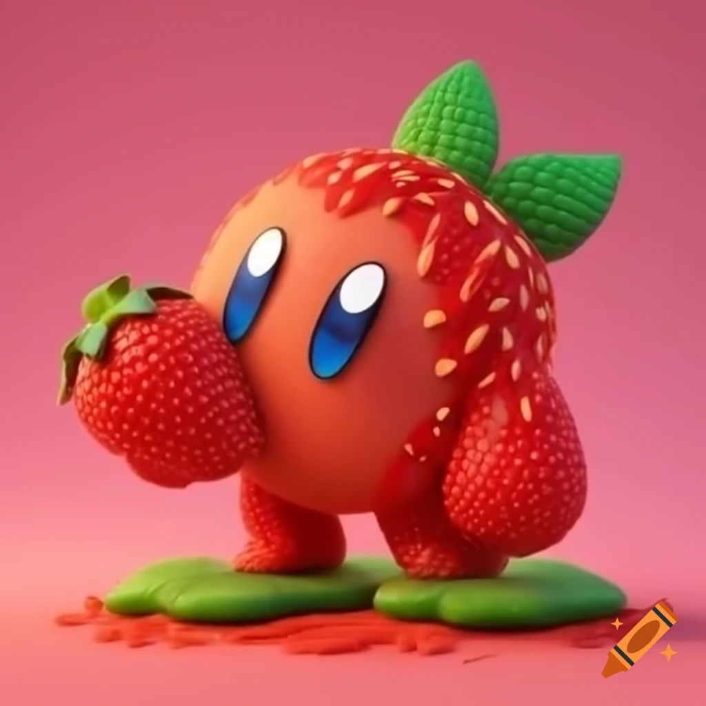 Character design of a strawberry-inspired creature with orangutan-like arms and big eyes
