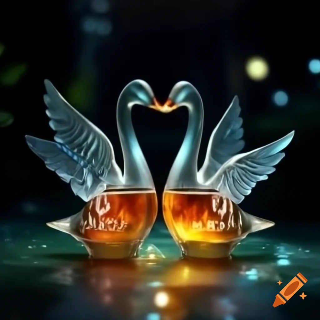 Mystical glass goose holding amber cognac on luminous stage with nocturnal colors