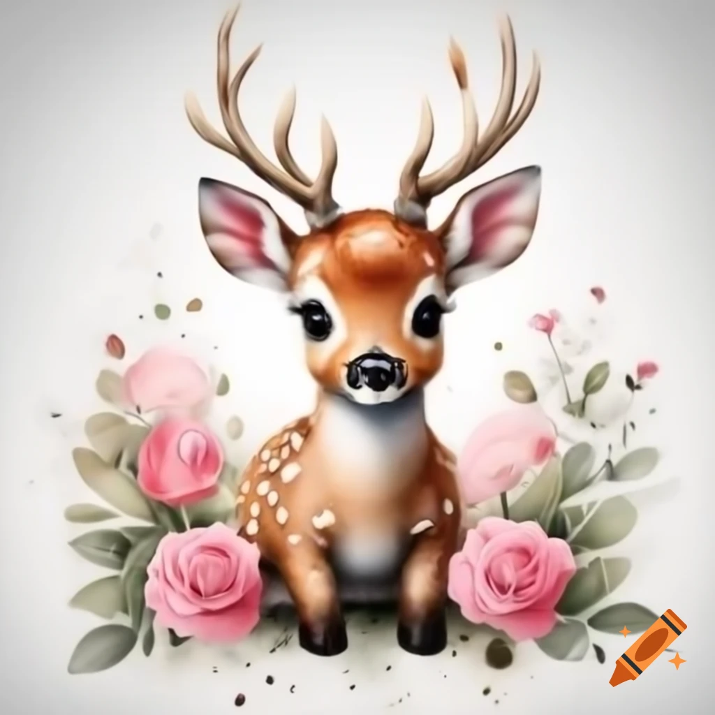 Watercolor baby fawn deer with pink roses on white background