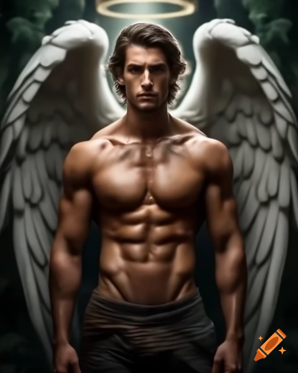 Muscular angel with human boyfriend in a heavenly setting