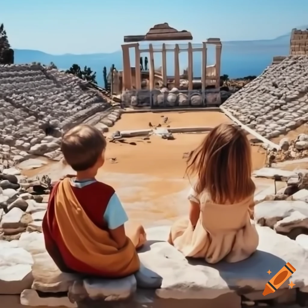 Boy and girl in ancient Greece watching a show in the Colosseum