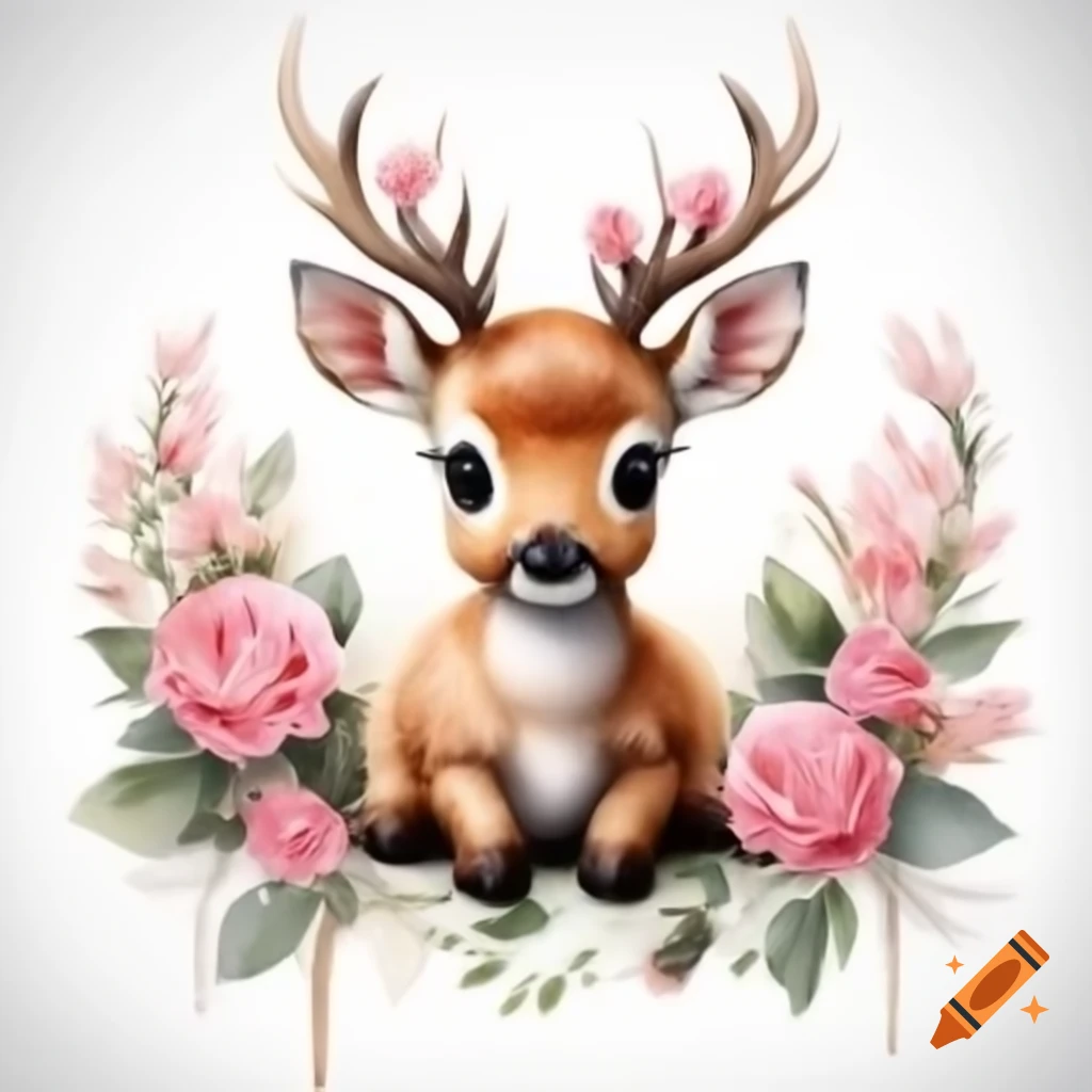 Watercolor depiction of baby fawn deer with pink roses on a white background