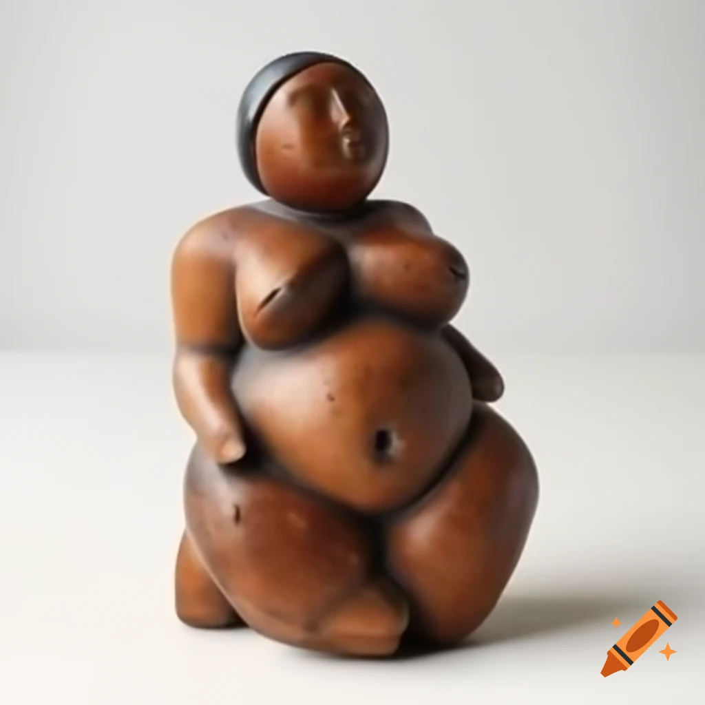 Cubist sculpture of female figure made from rough painted wood with engravings