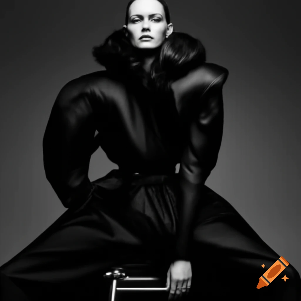 Far shot of Balenciaga model showcasing dark themed clothing