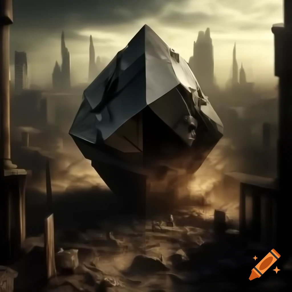 Obsidian cube in apocalyptic cityscape with ruins and shadows