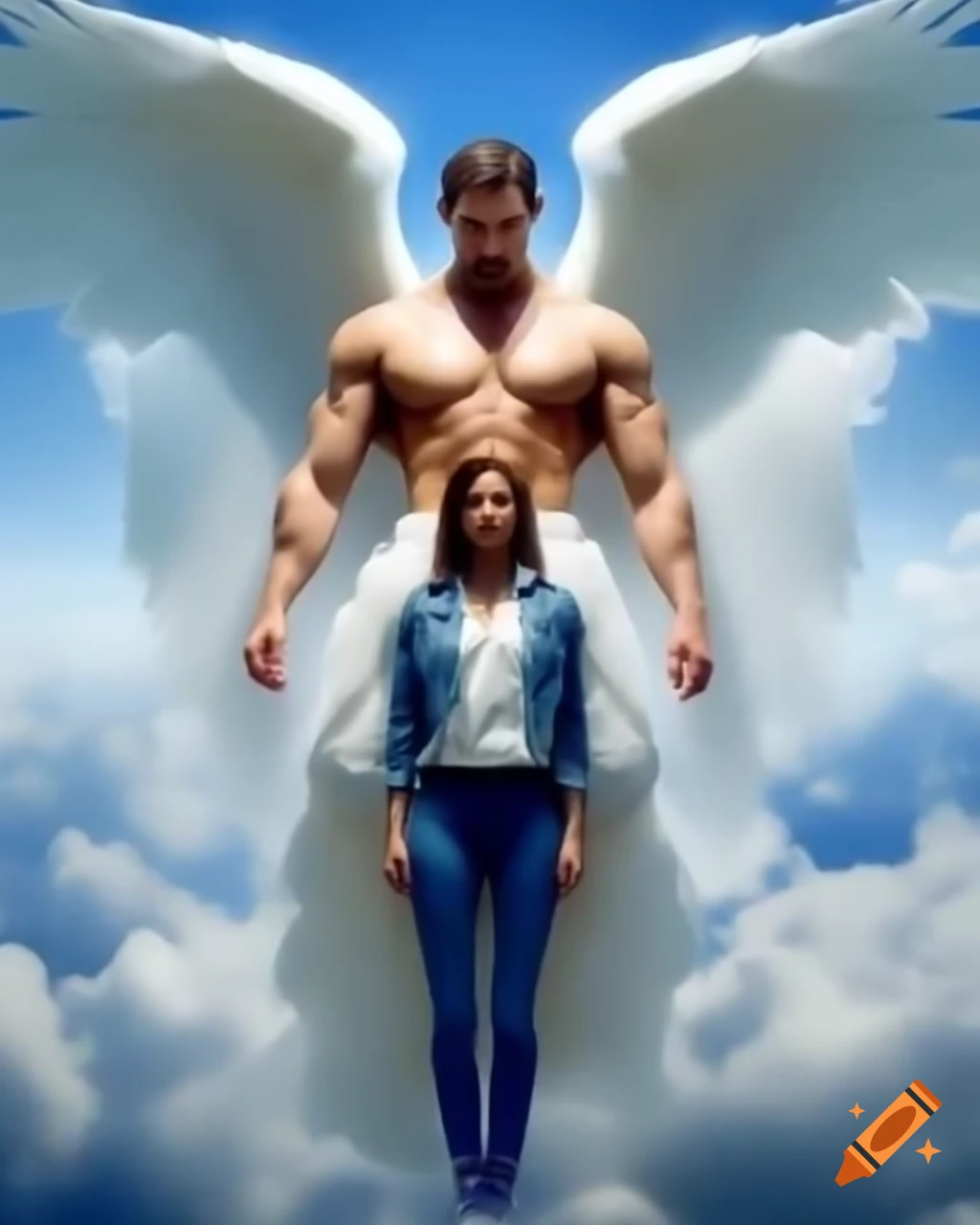 Muscular angel and human boyfriend in heavenly cloud setting