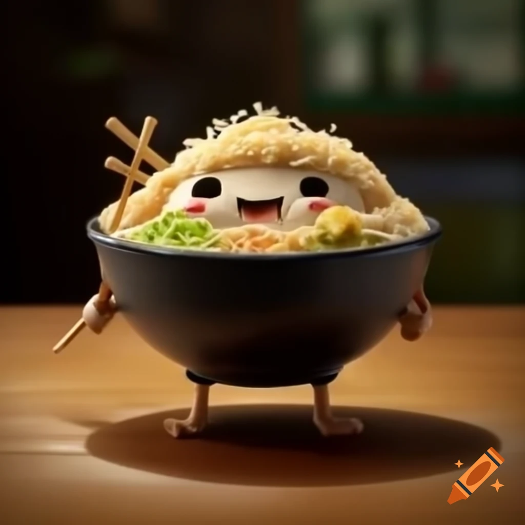 Cute anthropomorphic bowl of ramen with eyes and legs
