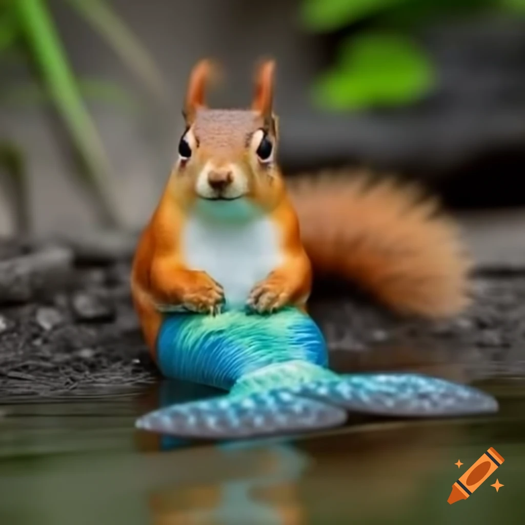 Realistic squirrel in a mermaid tail swimming in a pool