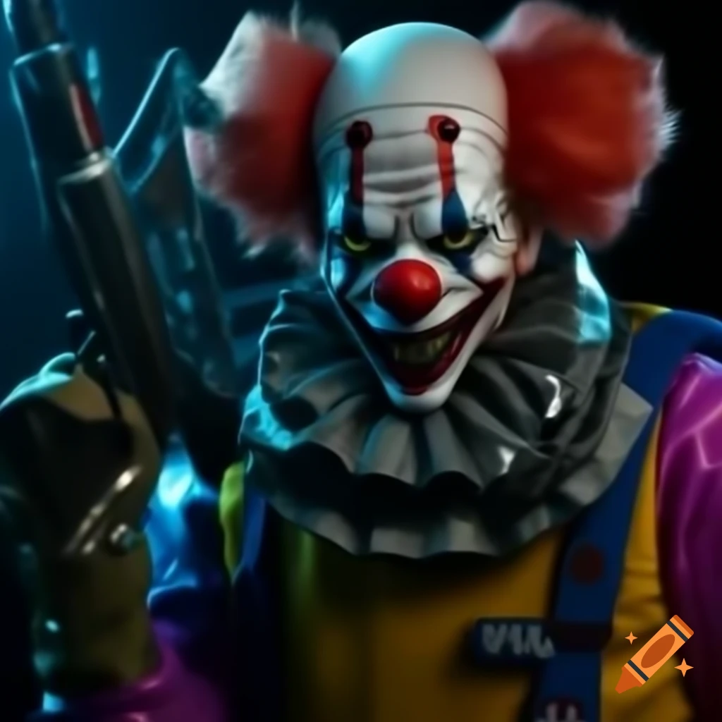 Cyberpunk clown with facial cybernetics, comical clown gun, and inflatable bat with nails