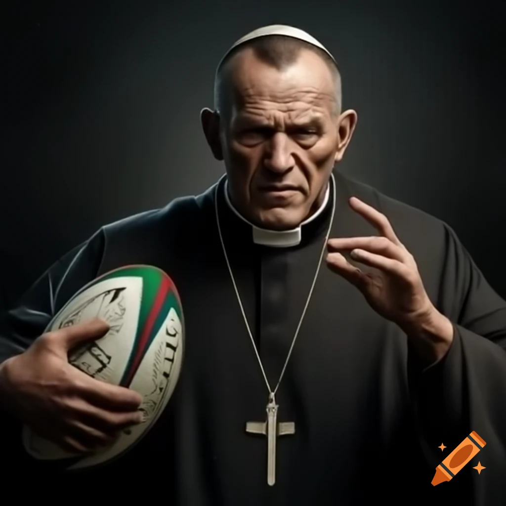 Realistic depiction of a priest playing rugby
