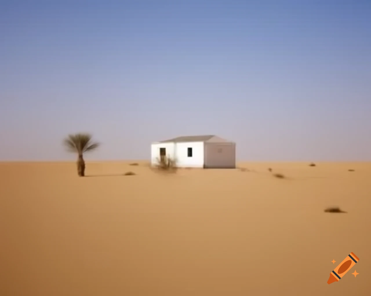 Flat-roofed white cabin in barren desert landscape with sparse vegetation
