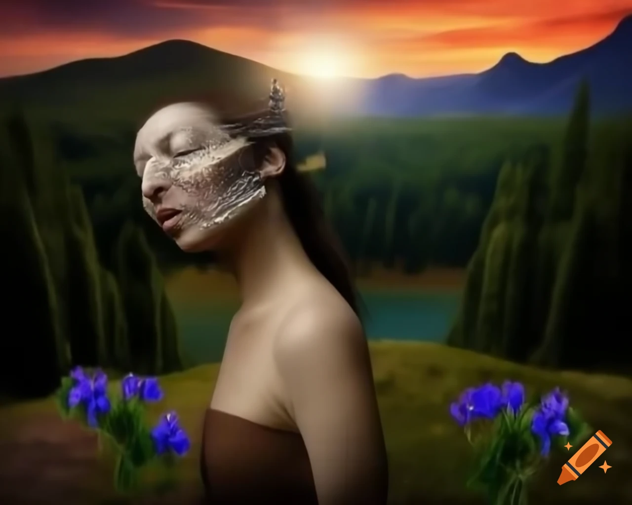 Surreal lifelike woman surrounded by ancient trees and wildflowers