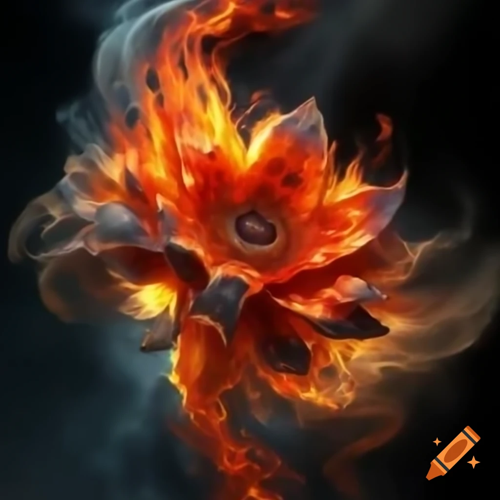 Vibrant flower petals engulfed by flames, symbolizing passion and strength