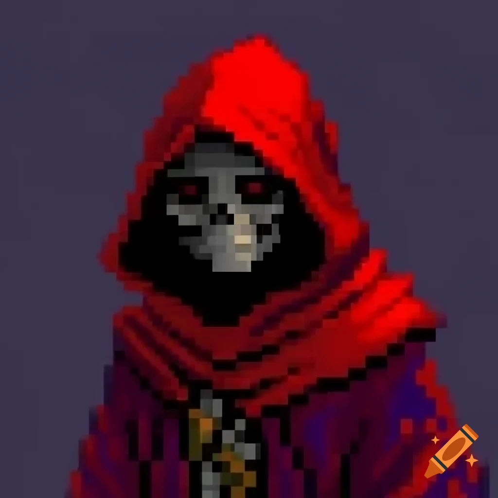 Pixel art of a faceless cultist in a red cloak viewed from 3/4 angle