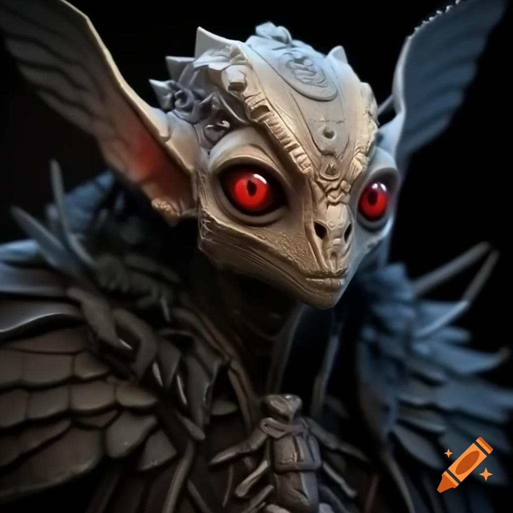 Detailed mothman cryptid character with red eyes and feather antennas