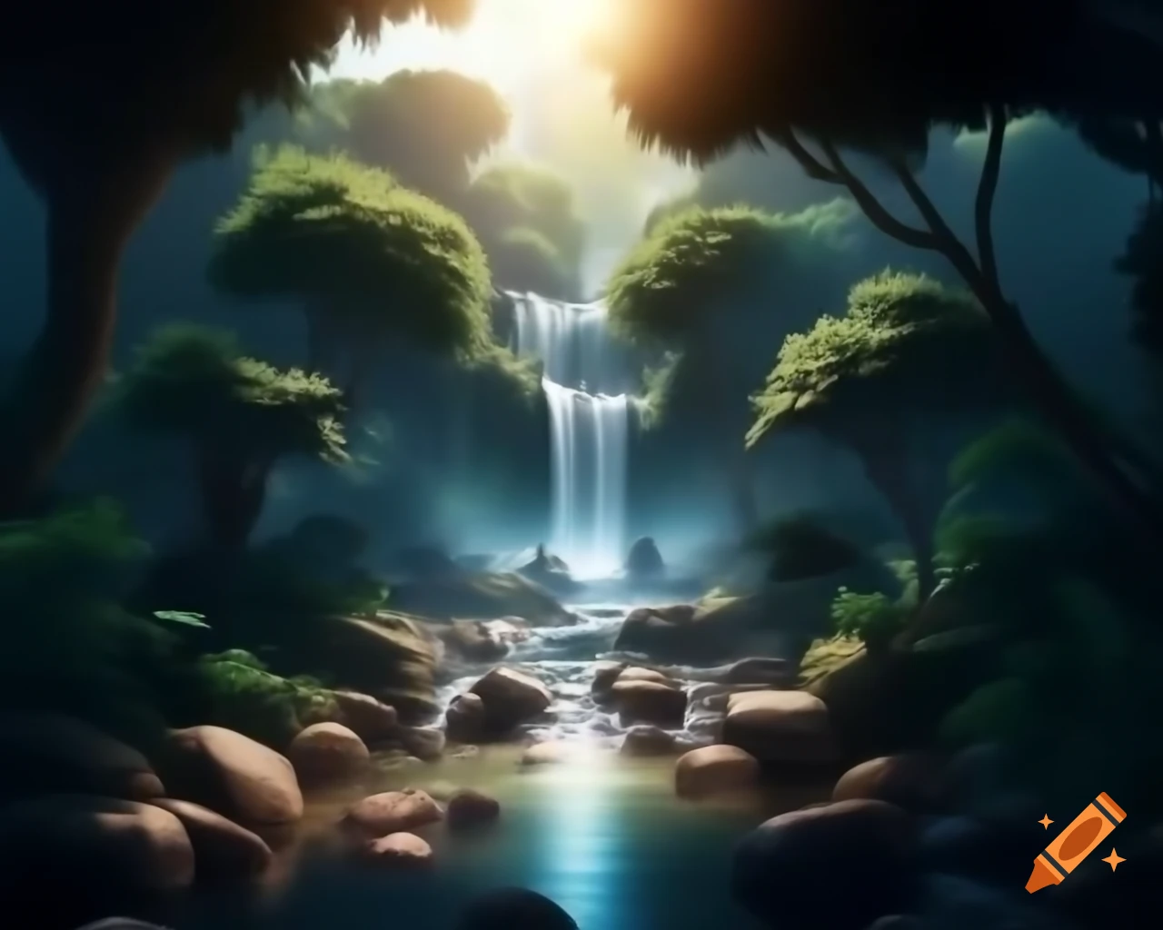 Beautiful waterfall in lush jungle with sunlight filtering through trees