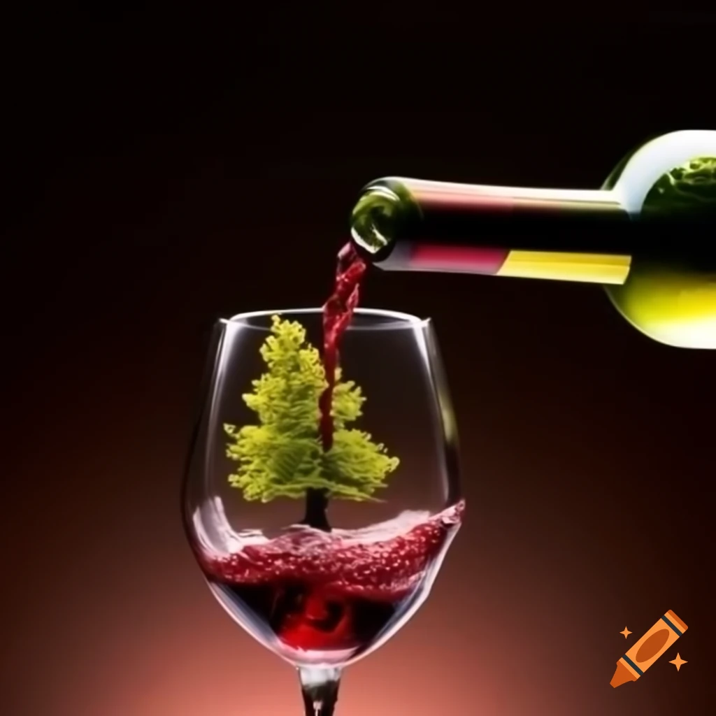 Wine being poured into a glass with a small tree inside