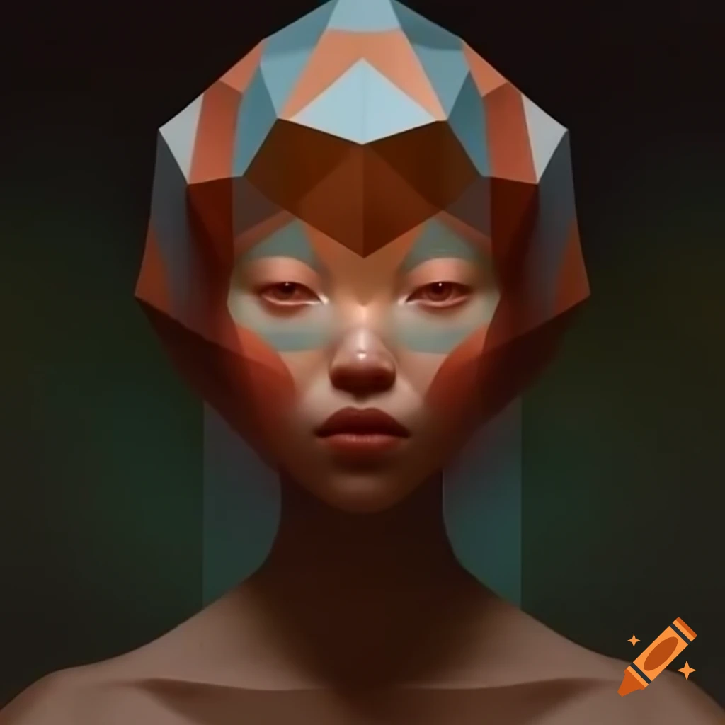 Surreal human figure with geometric head and smooth forms against simple colors