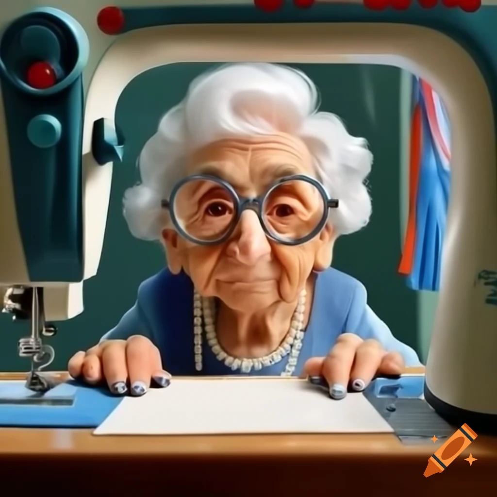 Elderly woman at sewing machine wearing spectacles and pearls with auntie-social logo
