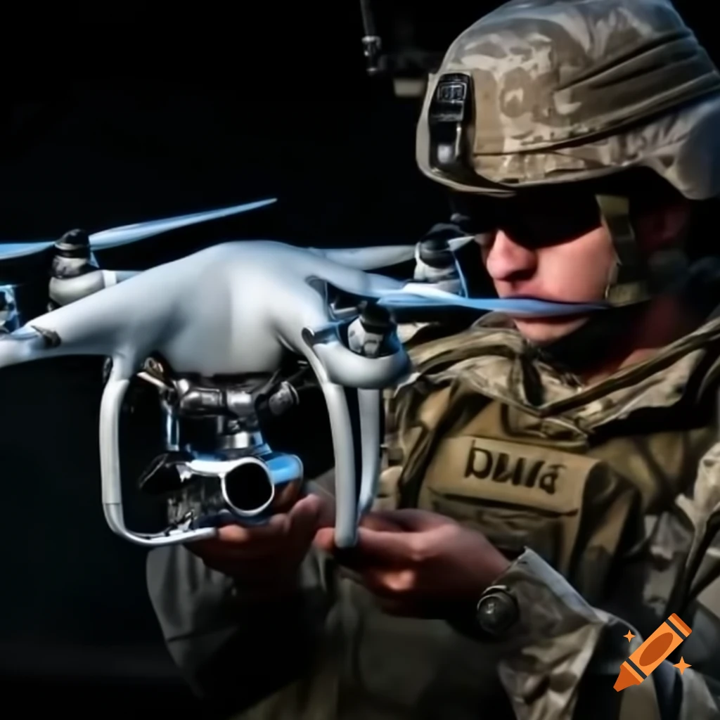Soldier operating chrome-plated drone