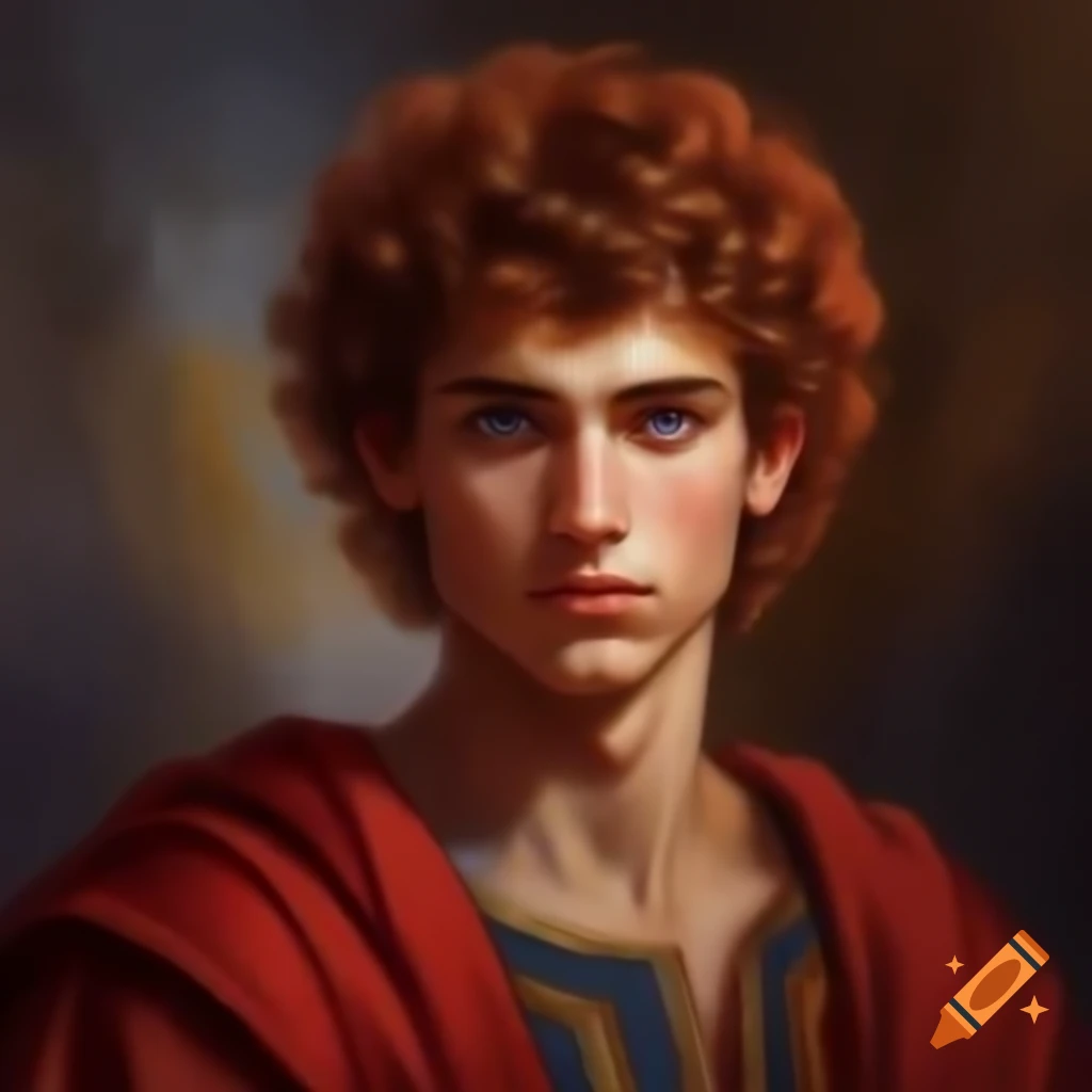 Young man in Byzantine gown with red curly hair and blue eyes