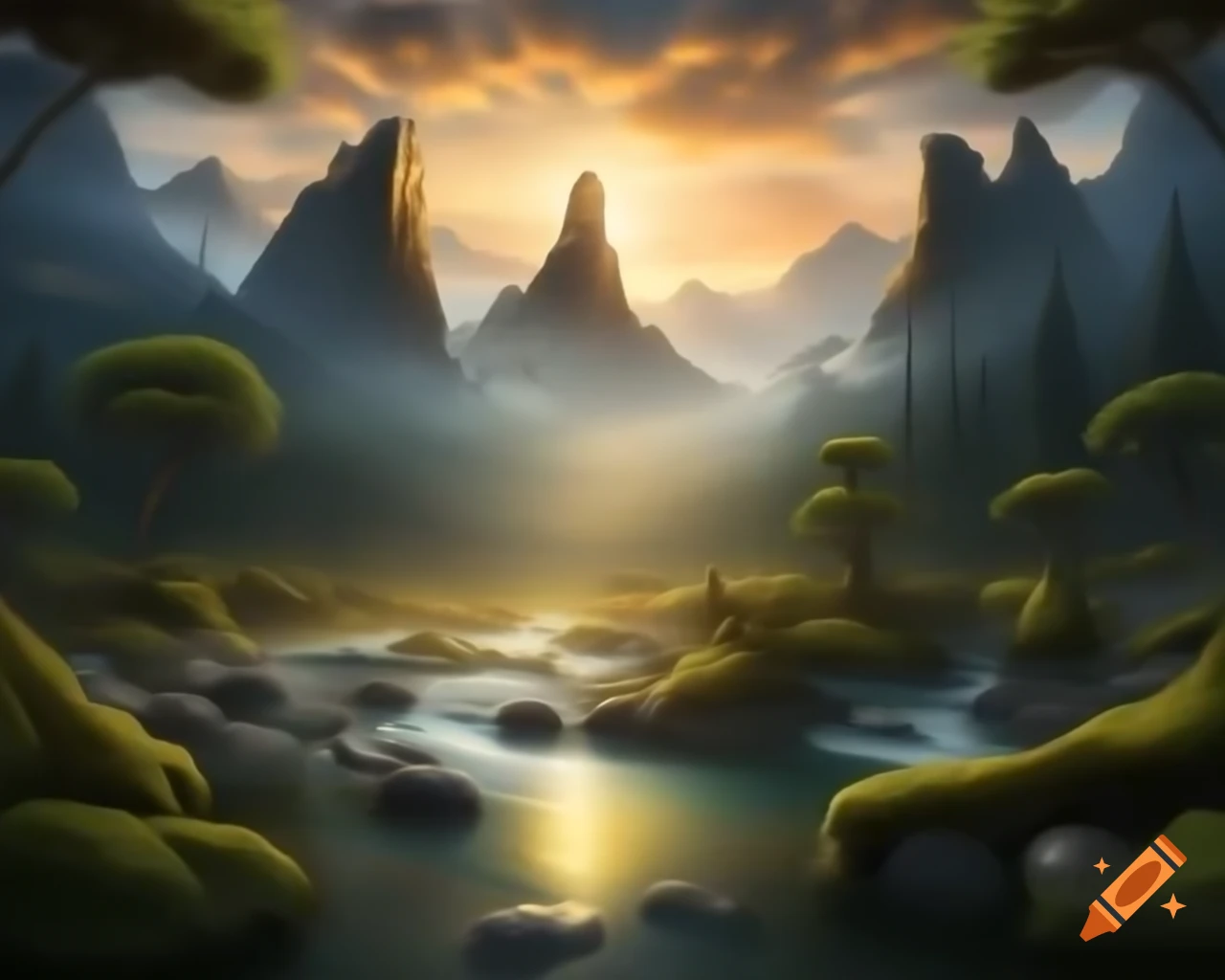 Majestic mountain range above a winding river with grand trees