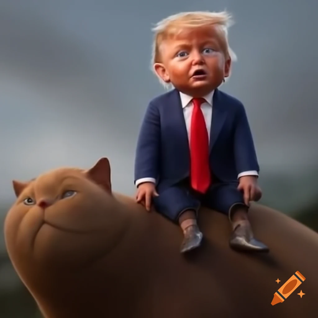 Cartoon of baby donald trump riding a giant cat on craiyon