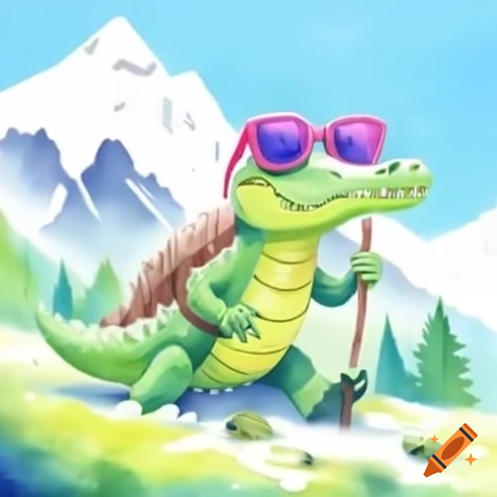 2D girl crocodile with pink sunglasses and hiking bag on mountain slope