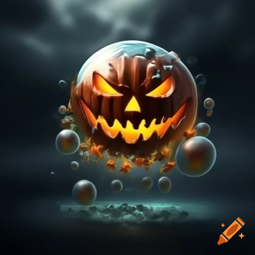 Hyper realistic fantasy monster bubble with brown eyes and Jack O' Lantern mouth, rainbow effect